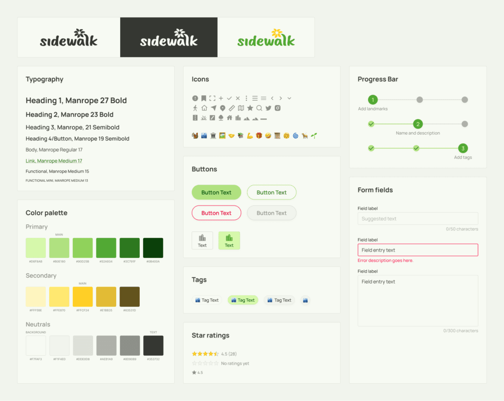 A style tile containing UI elements such as cards and buttons, with a green and yellow color scheme.