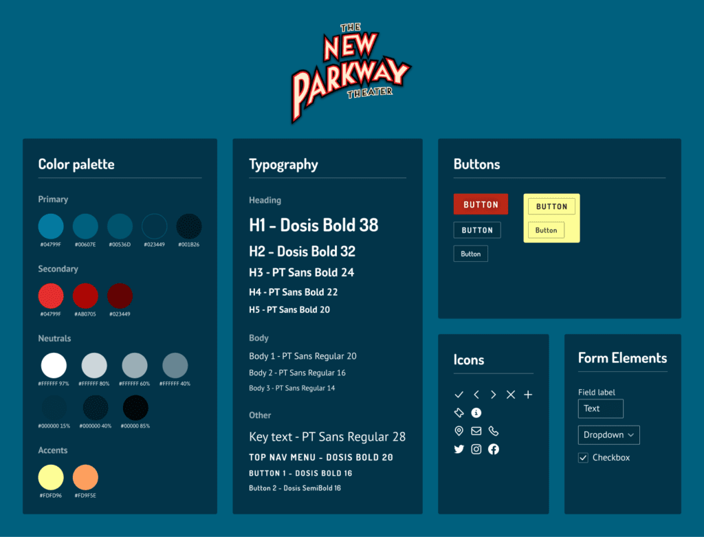 A style tile containing UI elements such as cards and buttons, with a dark teal color scheme.